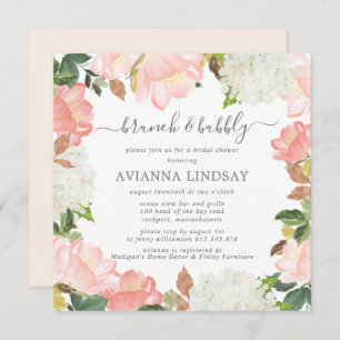 Invitation Brunch floral rose blanc et bulle