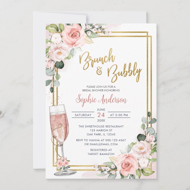 Invitation Brunch Géométrique Rose Floral Et Bubbly (Devant)