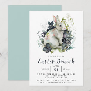 Invitation Brunch lapin de Pâques floral aquarelle