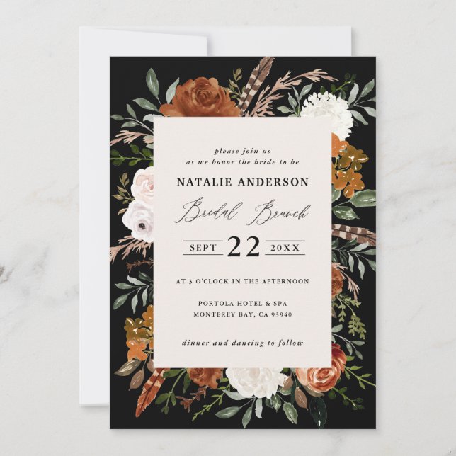 Invitation Brunch nuptial à fleurs de terre cuite noire (Devant)