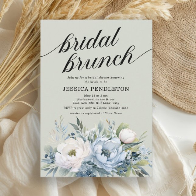 Invitation Brunch nuptial bleu bleu bleu bleu ivoire floral S (Dusty blue and white watercolor floral bridal brunch/shower invitation)