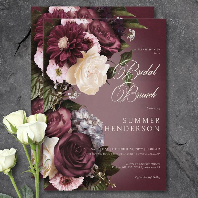 Invitation Brunch nuptial bordeaux foncé et flou crème (Dark Burgundy & Cream Blur Floral Bridal Brunch Invitation)