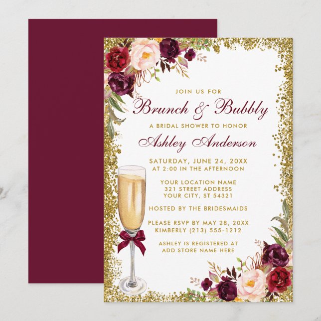 Invitation Brunch nuptial Bubbly Bourgogne Floral Gold Partie (Devant / Derrière)