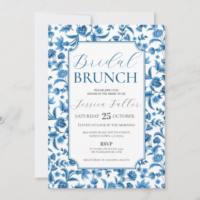 Invitation Brunch nuptial Chintz bleu & blanc Floral Ditsy (Devant)