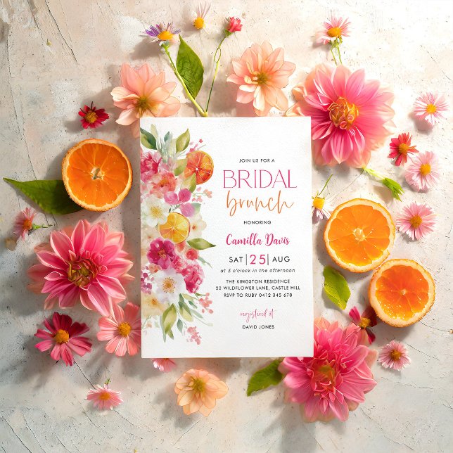 Invitation Brunch nuptial Citrus, Floral lumineux méditerrané (Bright Floral Citrus Orange Bridal Shower Invitation Mediterranean Bridal Brunch)