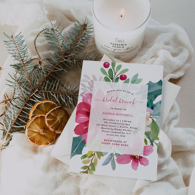 Invitation Brunch nuptial de Noël | Floral brillant (A stylish and festive bridal shower brunch invitation for Christmas season weddings)