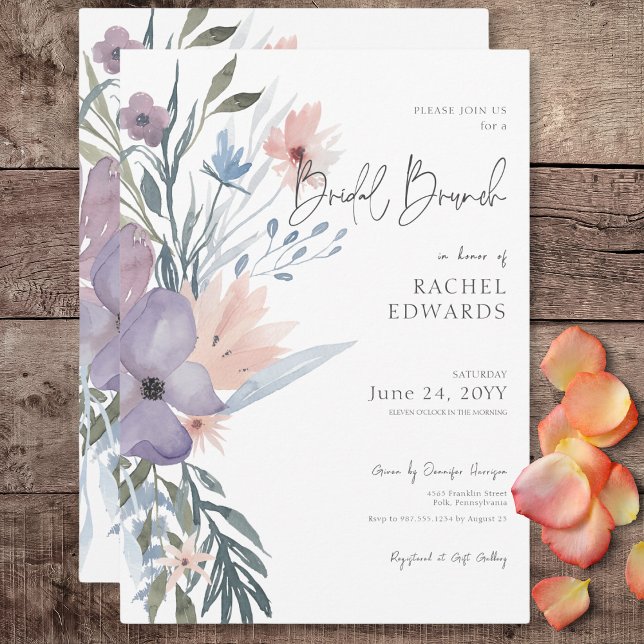 Invitation Brunch nuptial dusty violet et bleu Boho floral (Dusty Purple & Blue Boho Floral Bridal Brunch Invitation)