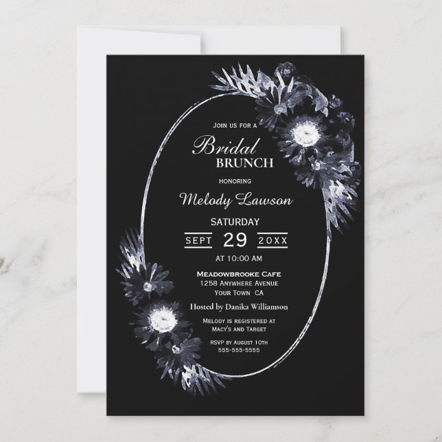 Invitation Brunch nuptial Élégant Moody Floral noir (Devant)