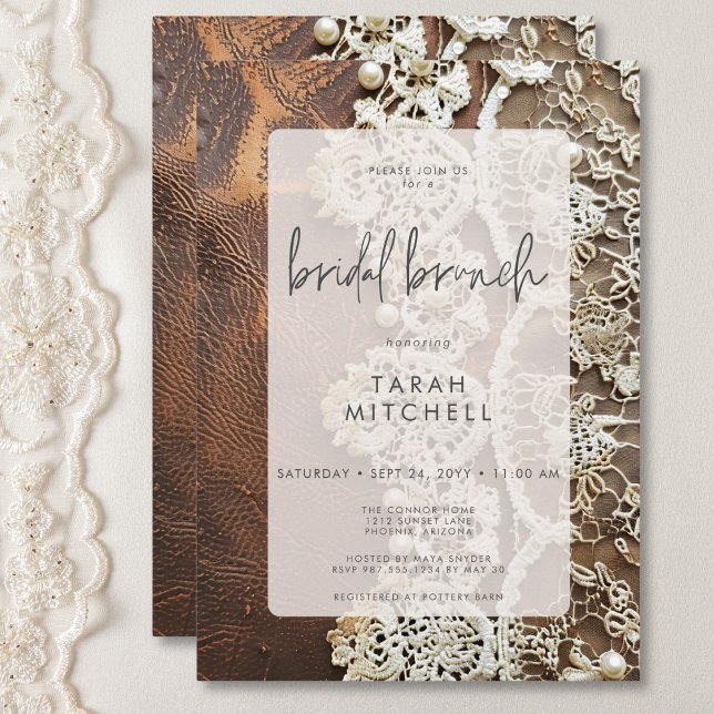 Invitation Brunch nuptial en cuir rustique et dentelle nuptia (Rustic Leather & Bridal Lace Bridal Brunch Invitation)