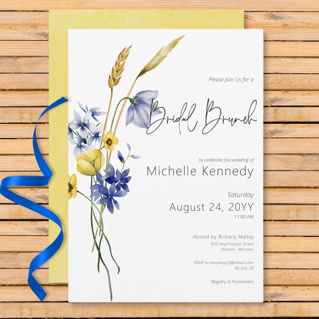Invitation Brunch nuptial Fleur sauvage bleu et jaune moderne (Modern Blue & Yellow Wildflowers Bridal Shower Invitation)