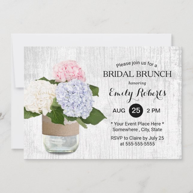 Invitation Brunch nuptial Hydrangea Rustique Floral Mason Jar (Devant)