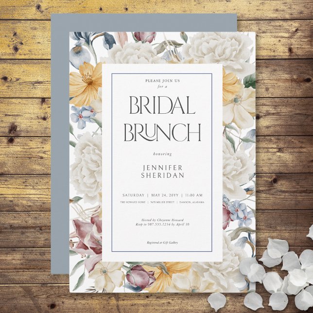 Invitation Brunch nuptial jaune bleu et blanc floral (Yellow Blue & White Floral White Bridal Brunch Invitation)