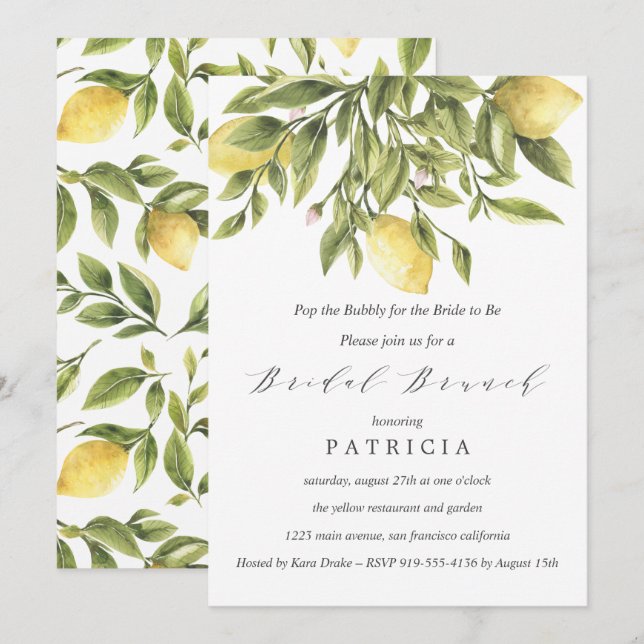 Invitation Brunch nuptial Mariage de citrons et de feuillage  (Devant / Derrière)