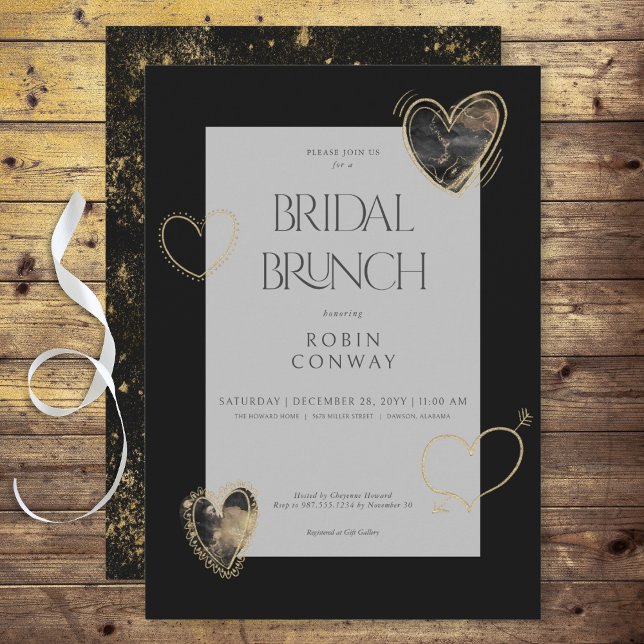 Invitation Brunch nuptial minimal moderne Black & Gold Hearts (Modern Minimal Black & Gold Hearts Bridal Brunch Invitation)