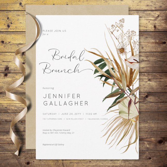 Invitation Brunch nuptial moderne blanc Boho séché Floral (Modern White Boho Dried Floral Bridal Brunch Invitation)