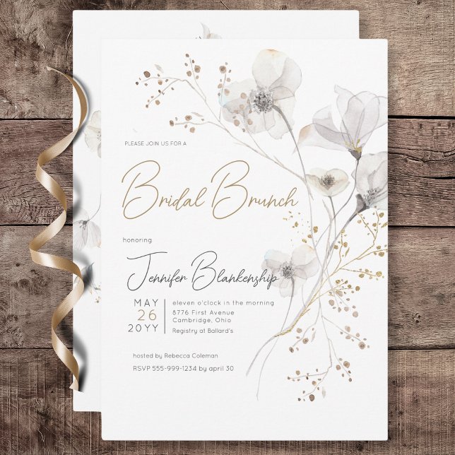 Invitation Brunch nuptial moderne blanc gris et or floral (Modern White Gray & Gold Floral Bridal Brunch Invitation)