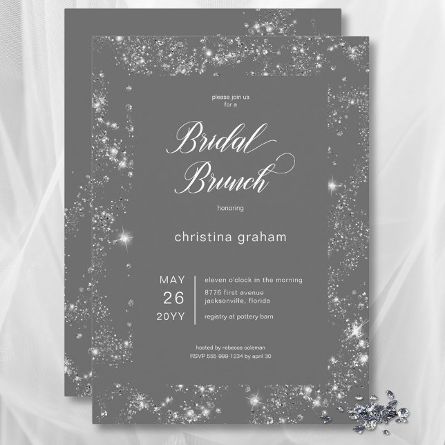 Invitation Brunch nuptial moderne Gris Glam Diamond Frame (Modern Gray Glam Diamond Frame Bridal Brunch Invitation)