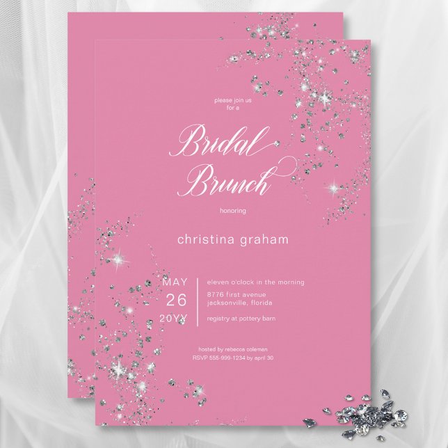 Invitation Brunch nuptial moderne rose et blanc de diamants d (Modern Pink & White Glam Diamonds Bridal Brunch Invitation)