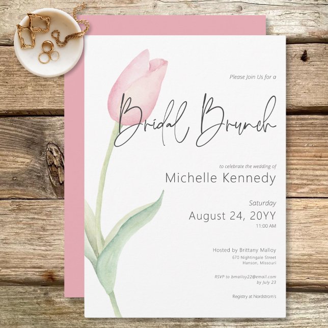 Invitation Brunch nuptial moderne Tulip rose solo (Modern Pink Tulip Solo Bridal Brunch Invitation)