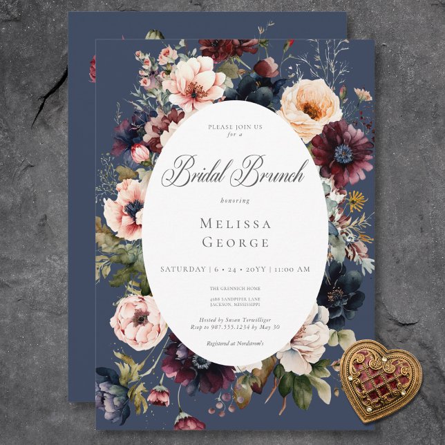 Invitation Brunch nuptial Ovale bleu foncé (Dark Blue Oval Floral Frame Bridal Brunch Invitation)