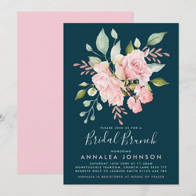Invitation Brunch nuptial rose et Rose Turquoise (Devant / Derrière)