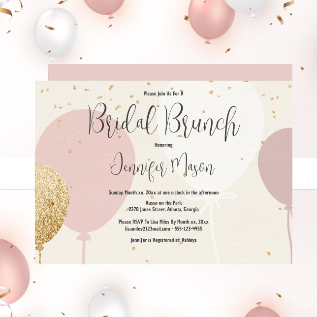 Invitation Brunch nuptial, rose, or, Fête des mariées de ball (Bridal Brunch, Pink, Gold, Balloon Bridal Shower Invitation)