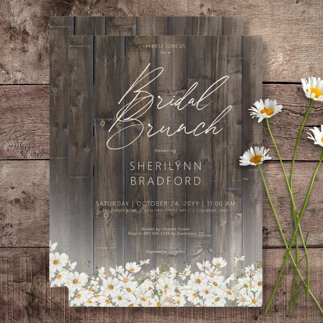Invitation Brunch nuptial rustique Barnwood & Daisies (Rustic Barnwood & Daisies Bridal Brunch Invitation)
