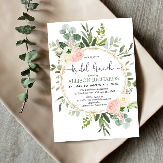 Invitation Brunch nuptial vert or rose eucalyptus floral (Créateur téléchargé)