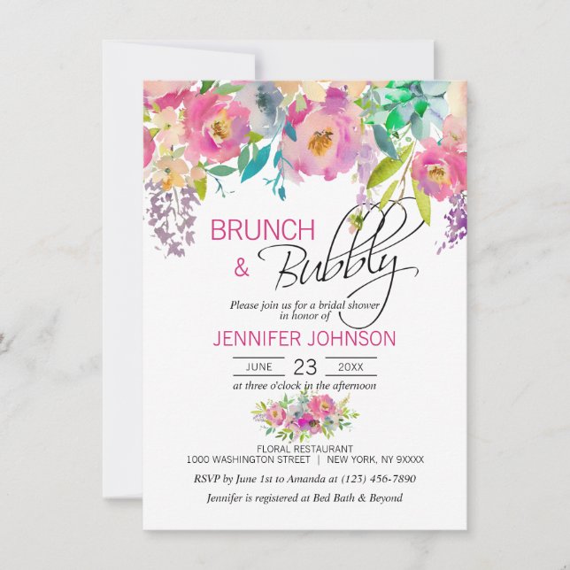 Invitation Brunch nuptiale pourpre rose floral d'aquarelle (Devant)