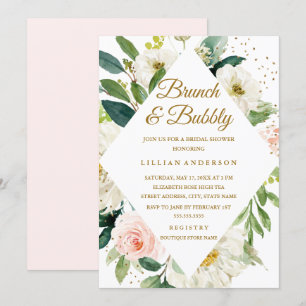 Invitation Brunch Or Rose Floral Et Bulle