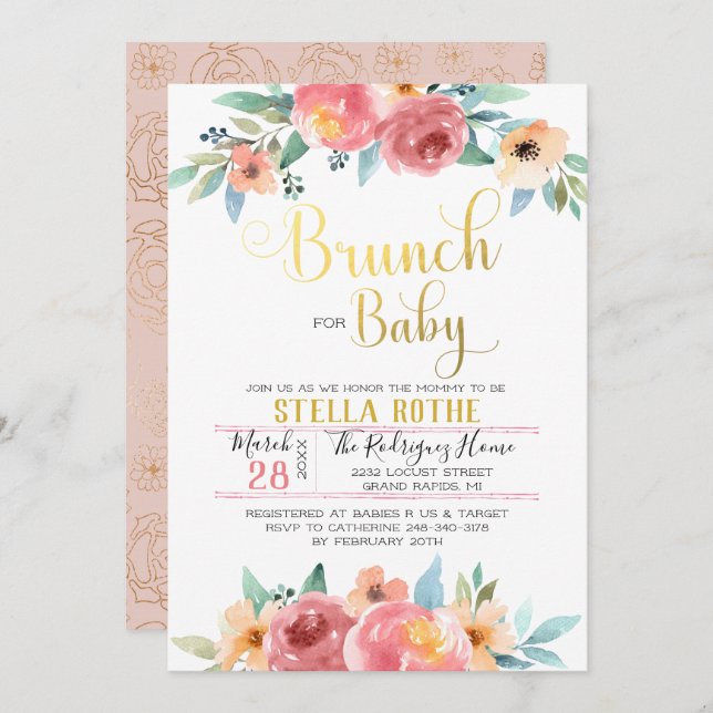 Invitation Brunch pour bébé - Fleurs de printemps (Devant / Derrière)