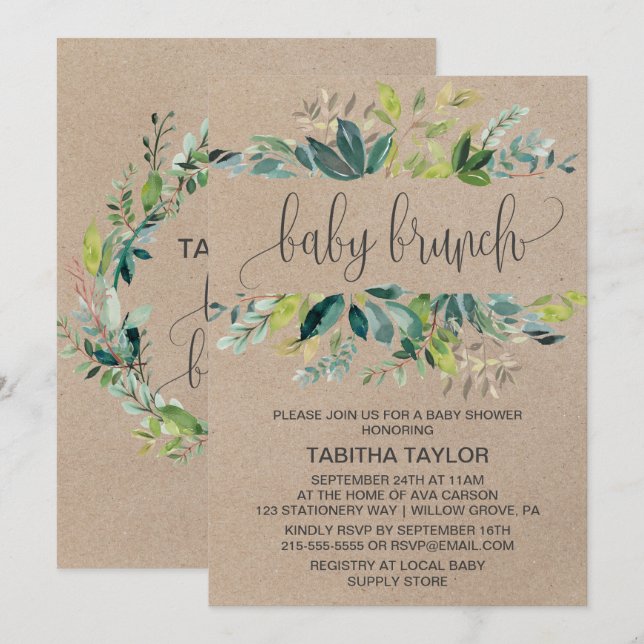 Invitation Brunch pour bébé Kraft Foliage (Devant / Derrière)