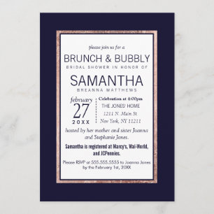 Invitation Brunch rayé par or rose simple de bleu marine