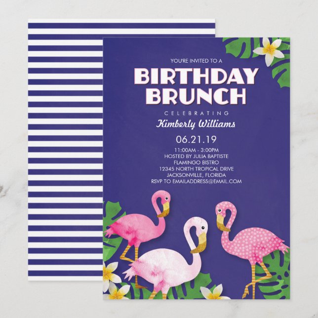 Invitation Brunch rose d'anniversaire de Flamants roses (Devant / Derrière)