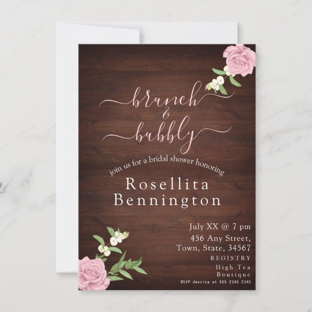 Invitation Brunch rose en bois et Fête des mariées à bulle (Devant)