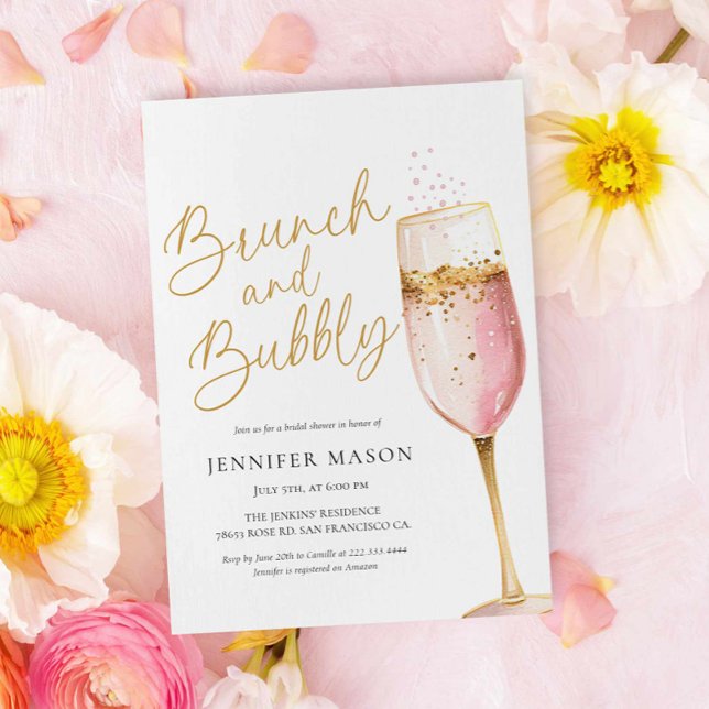 Invitation Brunch rose et Fête des mariées mousseuse (Brunch and Bubbly Pink Champagne Bridal Shower Invitation)
