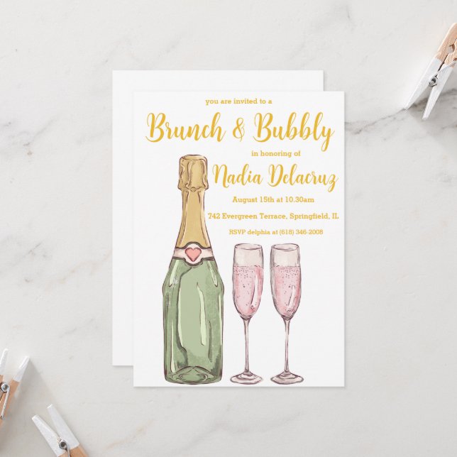 Invitation brunch rose et or et douche à bulles (Devant/Arrière en situation)