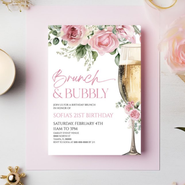 Invitation Brunch rose floral et brunch d'anniversaire Bubbly (Créateur téléchargé)