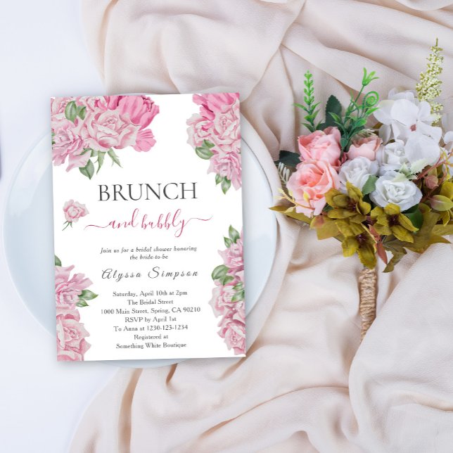 Invitation Brunch rose floral et bulle (Créateur téléchargé)