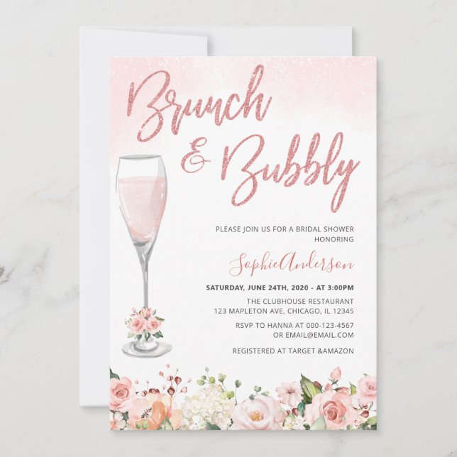Invitation Brunch Rose Or Blush Et Fête des mariées Bubbly (Devant)