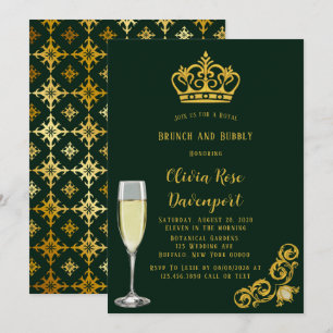 Invitation Brunch royal de la Couronne vert et or et mousseux