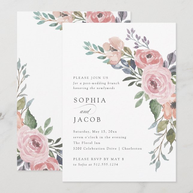 Invitation Brunch subtil de mariage de courrier des roses | (Devant / Derrière)