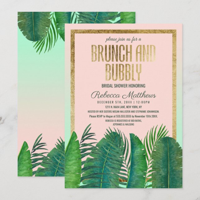 Invitation Brunch tropical d'or de feuille de banane de (Devant / Derrière)
