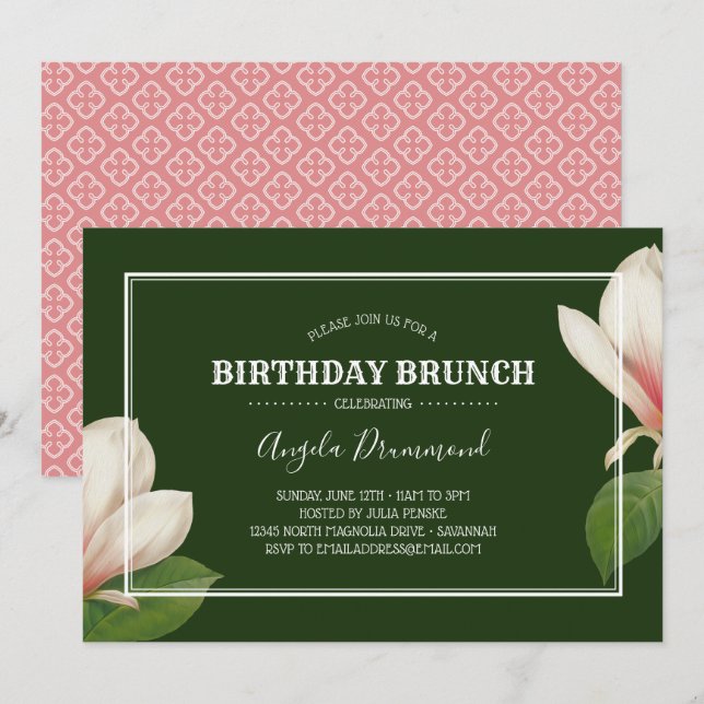 Invitation Brunch vert pour l'anniversaire du Magnolia du Sud (Devant / Derrière)