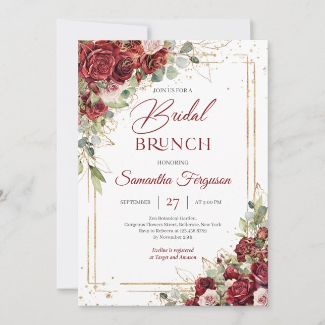 Invitation Brune nuptiale bordeaux luxuriante à or floral géo (Devant)