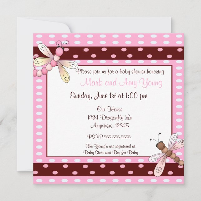 Invitation brune rose de baby shower de libellule (Devant)