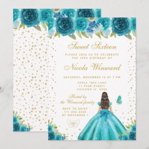 Invitation Brunette aux fleurs de thé Princesse Sweet Sixteen