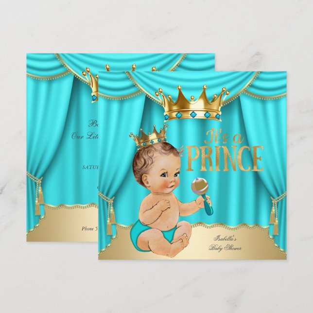 Invitation Brunette Baby shower Prince Aqua Blue Gold Crown (Devant / Derrière)