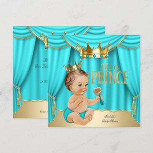 Invitation Brunette Baby shower Prince Aqua Blue Gold Crown