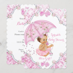 Invitation Brunette Baby shower rose Parapluie Fleurs Fille
